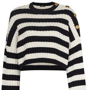 Balmain Paris Stripped Ribbed-Knit Crop Jumper Sweater black and White Wool